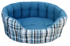 Premium Heavy Duty Antibacterial Oval Drop Front Softee Plaid Dog Bed - Aqua Blue